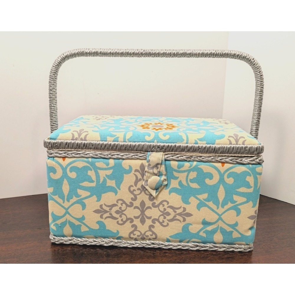Fabric Sewing Basket Box Aqua Gray Damask Padded Lid Handle Craft Storage Notion
